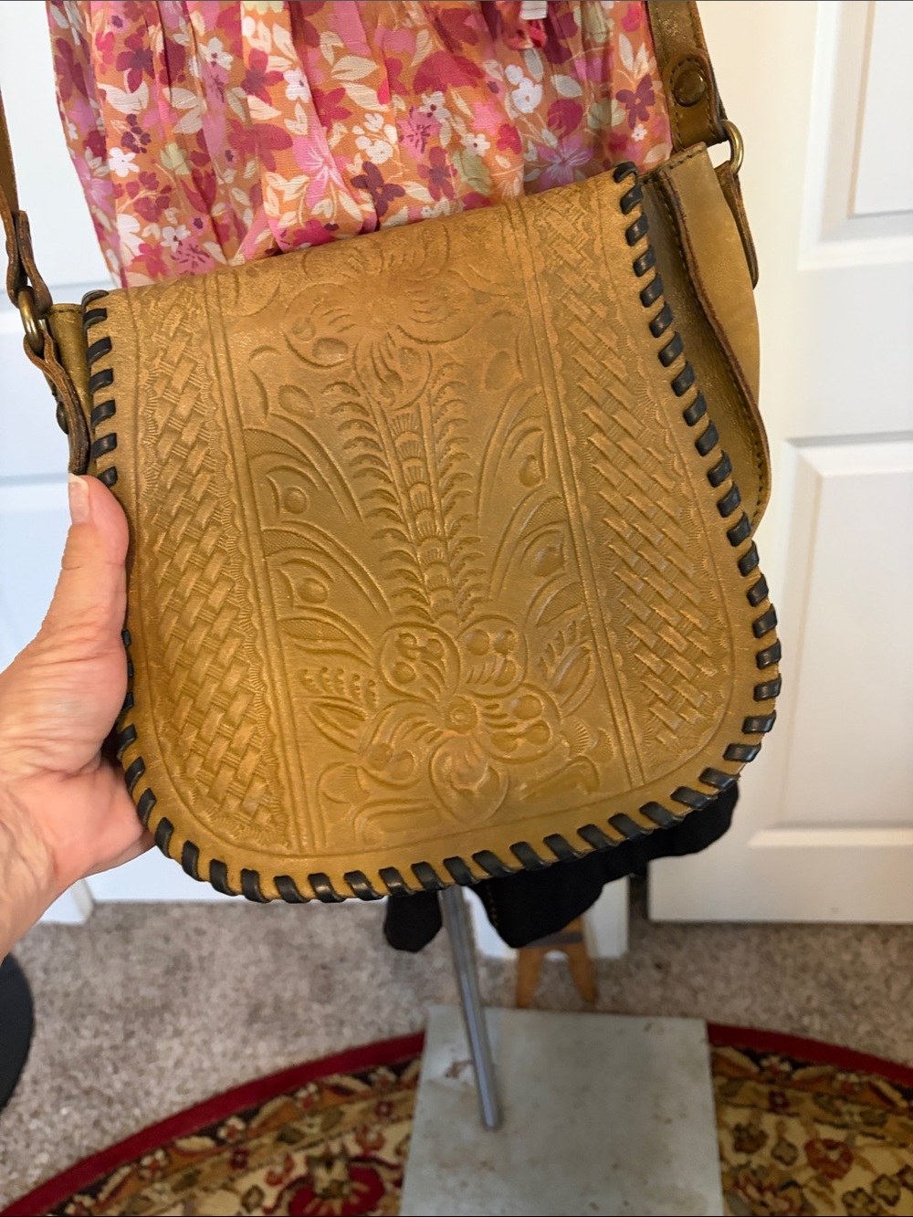 Patricia Nash Tan Embossed Floral Crossbody with Dark Whipstitch